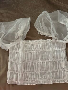 Sheer White Smocked Puff-Sleeve Crop Top